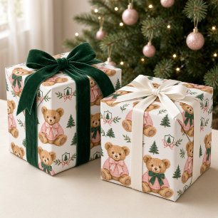 Preppy Teddy Bear Pink Green Christmas  Wrapping Paper