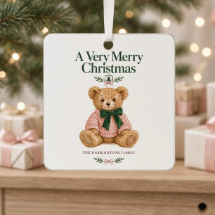 Preppy Teddy Bear Pink Green Family Photo Metal Tree Decoration