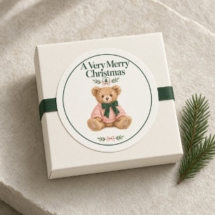 Preppy Teddy Bear Pink Green Merry Christmas Classic Round Sticker
