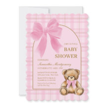 Preppy Teddy Bear Pink Plaid Baby Shower Invite