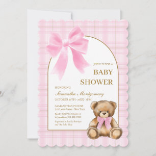 Preppy Teddy Bear Pink Plaid Baby Shower Invite