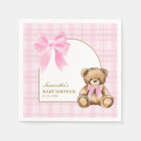 Preppy Teddy Bear Pink Plaid Baby Shower Napkins