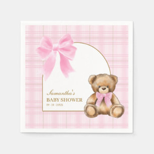 Preppy Teddy Bear Pink Plaid Baby Shower Napkins