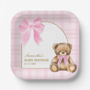 Preppy Teddy Bear Pink Plaid Baby Shower Plates