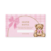 Preppy Teddy Bear Pink Plaid Diaper Raffle Card