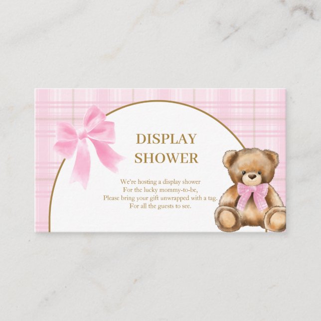 Preppy Teddy Bear Pink Plaid Display Shower Card (Front)