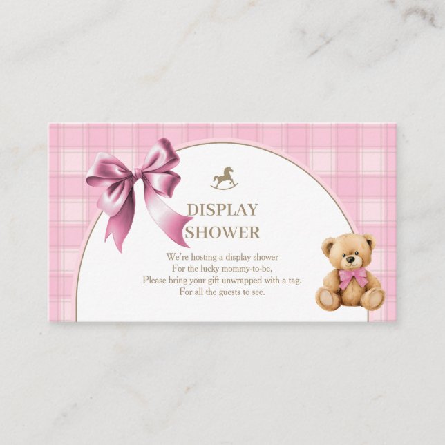 Preppy Teddy Bear Pink Plaid Display Shower   Enclosure Card (Front)