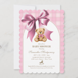 Preppy Teddy Bear Pink Plaid Girl Baby Shower Invitation