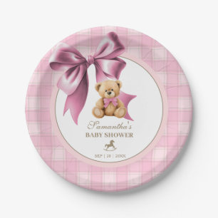 Preppy Teddy Bear Pink Plaid Girl Baby Shower Paper Plate