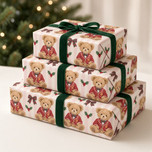 Preppy Teddy Bear Pink Stripe Tartan Christmas Wrapping Paper