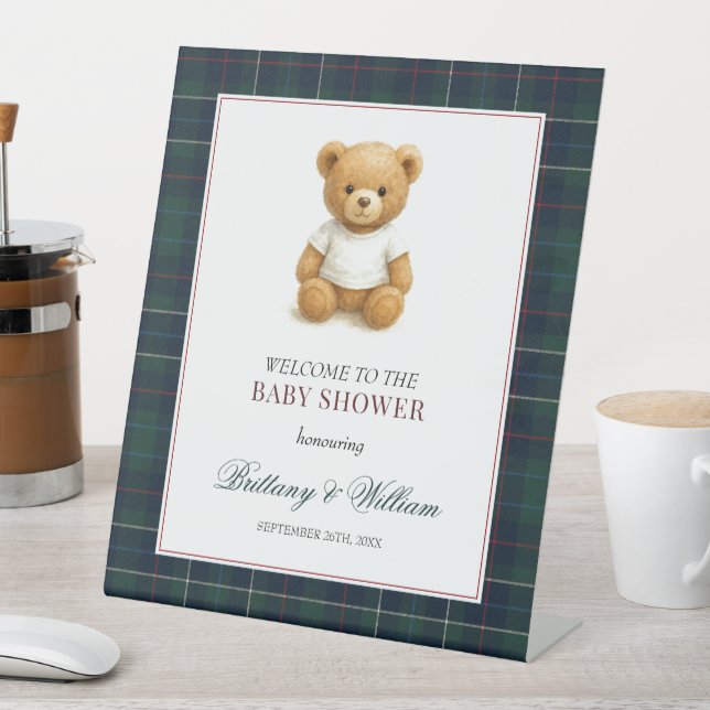 Preppy Teddy Bear Plaid Baby Shower Welcome Pedestal Sign (In SItu)