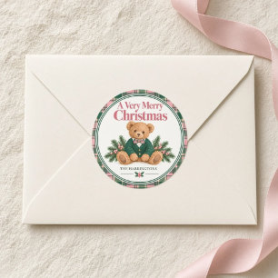 Preppy Teddy Bear Plaid Personalised Christmas Classic Round Sticker