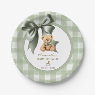 Preppy Teddy Bear Sage Green Plaid Baby Shower Paper Plate