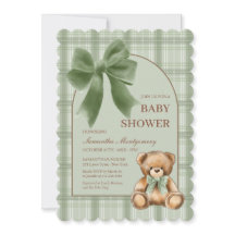 Preppy Teddy Bear Sage Plaid Baby Shower Invite