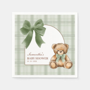Preppy Teddy Bear Sage Plaid Baby Shower Napkins