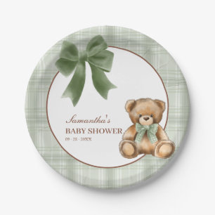 Preppy Teddy Bear Sage Plaid Baby Shower   Paper Plate