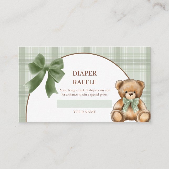 Preppy Teddy Bear Sage Plaid Diaper Raffle Enclosure Card (Front)