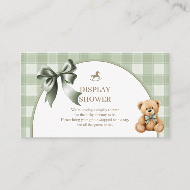 Preppy Teddy Bear Sage Plaid Display Shower Enclosure Card (Front)
