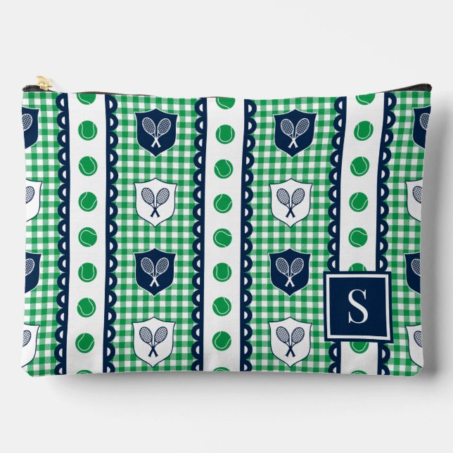 Preppy Tennis Crest Gingham - Green & Navy Accessory Pouch (Front)