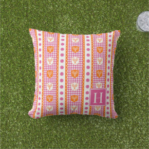 Preppy Tennis Crest Gingham - Hot Pink & Orange Cushion