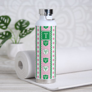 Preppy Tennis Crest Gingham - Pink & Green Water Bottle