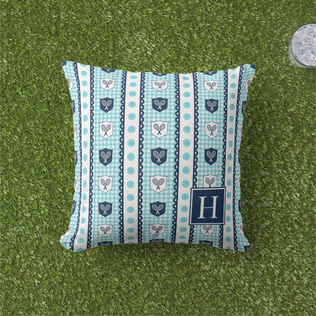 Preppy Tennis Crest Gingham - Turquoise & Navy Cushion (Grass)