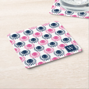 Preppy Tennis Laurel Wreath - Navy & Hot Pink Square Paper Coaster