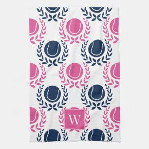 Preppy Tennis Laurel Wreath - Navy & Hot Pink Tea Towel