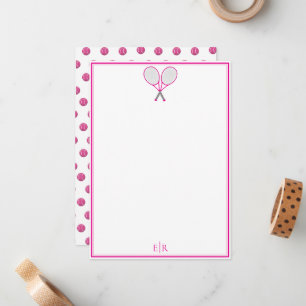 Preppy Tennis Pink Monogram Flat Note Card