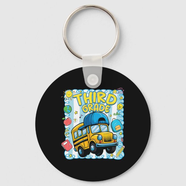 Preppy Third Grade Back To School Funny School Bus Key Ring (Front)