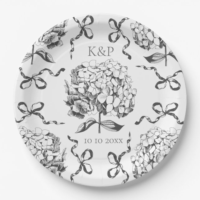Preppy Toile Hydrangea Bow with Name Paper Plate (Front)
