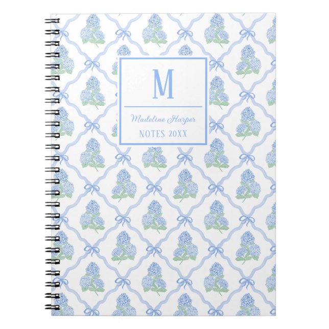 Preppy Trellis Bow Blue & Green Hydrangeas Monogra Notebook (Front)