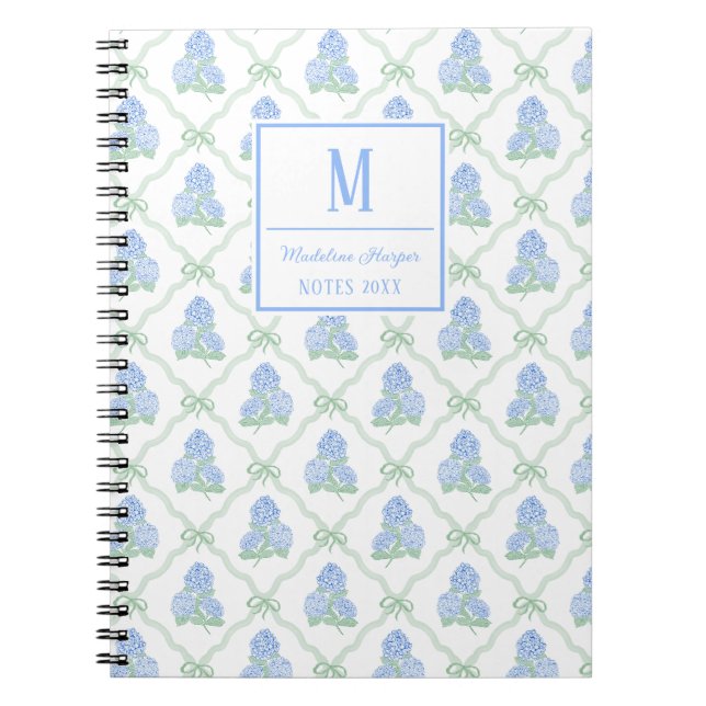 Preppy Trellis Bow Blue & Green Hydrangeas Monogra Notebook (Front)