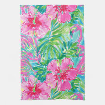 Preppy Tropical Floral Kitchen Towels Flamingo