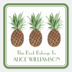 Preppy Tropical Pineapples Personalised Bookplate Square Sticker