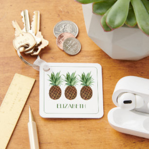 Preppy Tropical Pineapples Personalised Key Ring