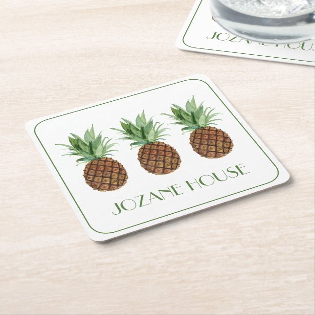 Preppy Tropical Pineapples Personalised Square Paper Coaster (Angled)