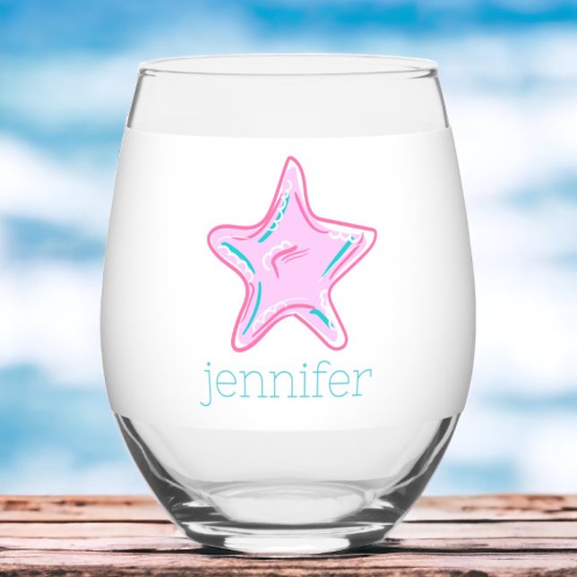 Preppy Tropical Pink Starfish Personalised  Stemless Wine Glass (Creator Uploaded)