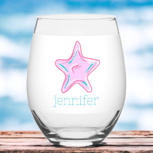 Preppy Tropical Pink Starfish Personalised  Stemless Wine Glass
