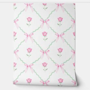 Preppy Tulip Pink Bows Scallop Grandmillennial Wallpaper