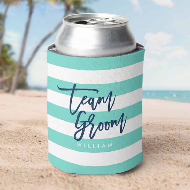 Preppy Turquoise and White Stripes Blue Team Groom Can Cooler (Creator Uploaded)