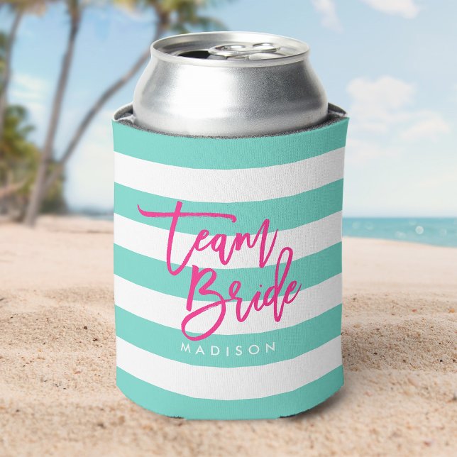 Preppy Turquoise and White Stripes Pink Team Bride Can Cooler (Creator Uploaded)