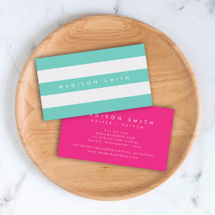 Preppy Turquoise and White Stripes with Pink Business Card