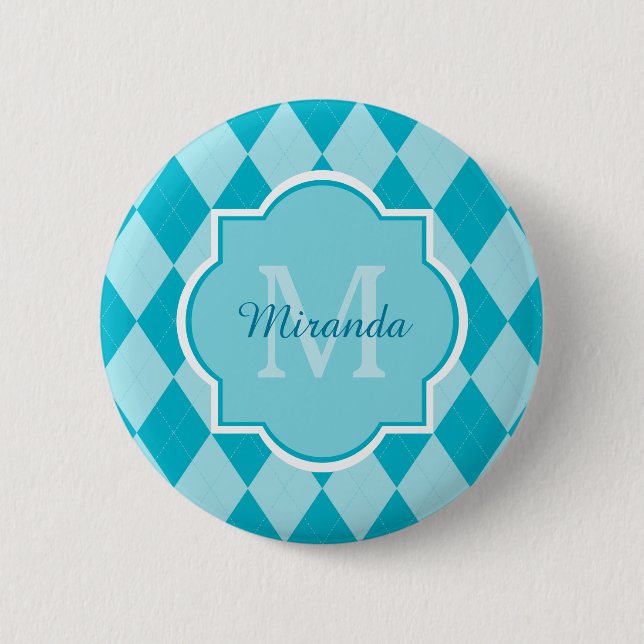 Preppy Turquoise Argyle Girly Monogram and Name 6 Cm Round Badge (Front)