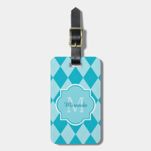 Preppy Turquoise Argyle Girly Monogram and Name Luggage Tag