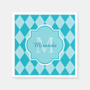 Preppy Turquoise Argyle Girly Monogram and Name Napkin