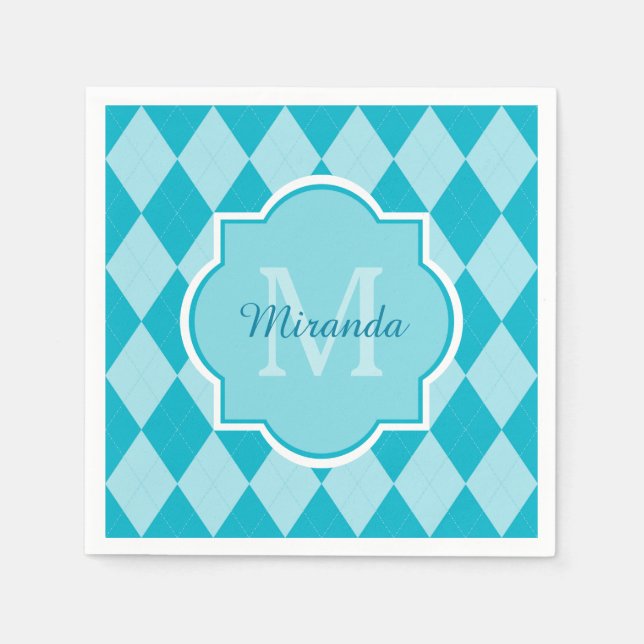 Preppy Turquoise Argyle Girly Monogram and Name Napkin (Front)