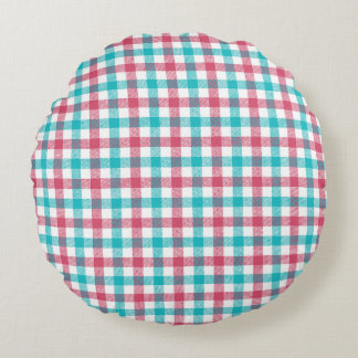 Preppy Turquoise Pink Plaid Checks Seamless Patter Round Cushion