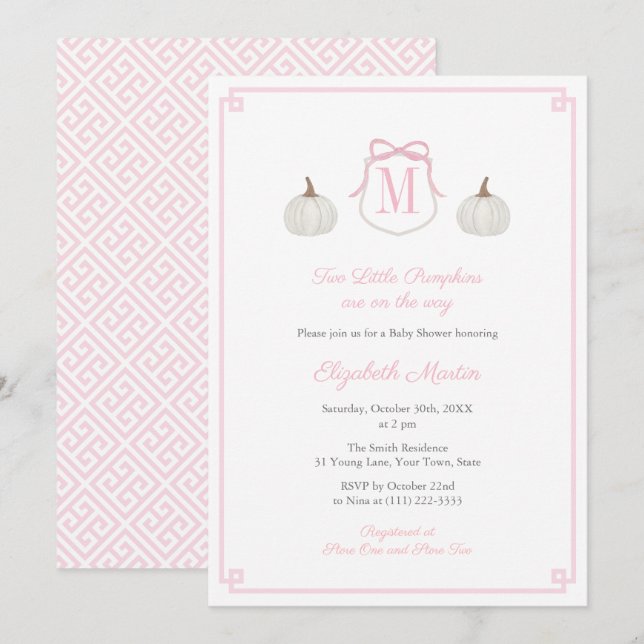 Preppy Two Little Pumpkins On Way Baby Girl Shower Invitation (Front/Back)