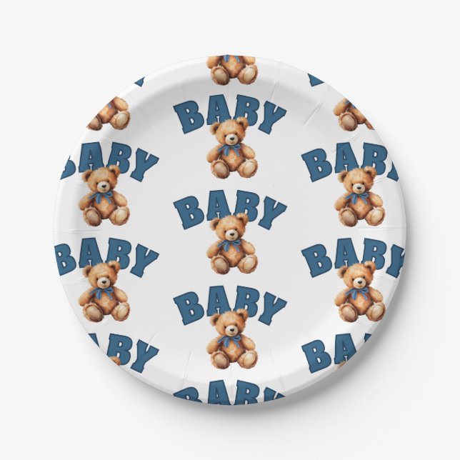 Preppy Varsity Teddy Bear Baby Shower Paper Plate (Front)